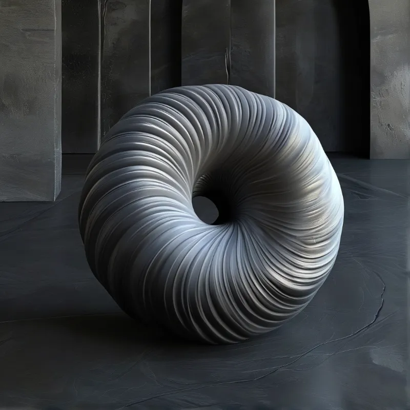 A spirally grooved grey donut form rests on a polished dark floor against tall concrete panels in dim light.