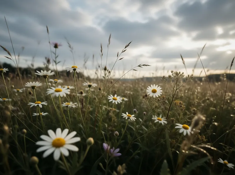 Daisies in a Meadow at Dusk