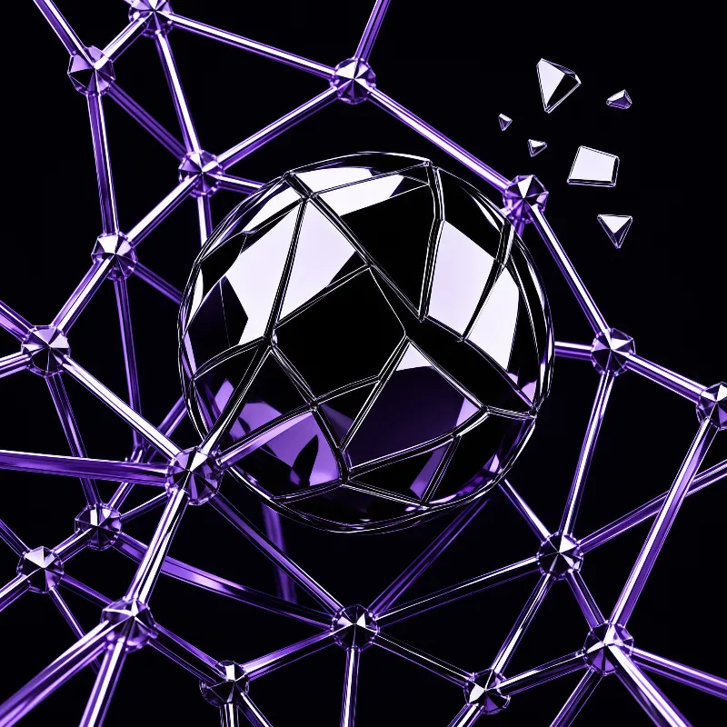 A reflective purple wireframe mesh encloses a geometric sphere with small floating shards nearby.