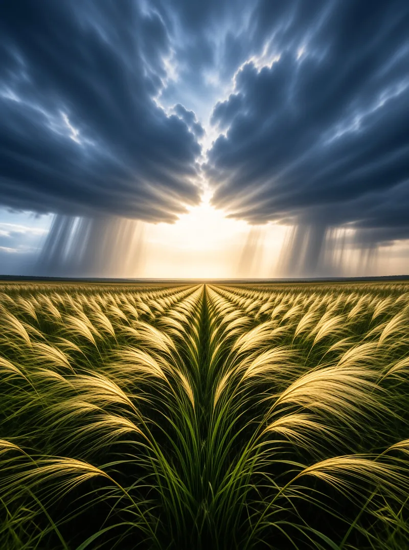 Rows of golden wheat stretch toward a brilliant sunburst emerging from dark, dramatic clouds above the horizon.