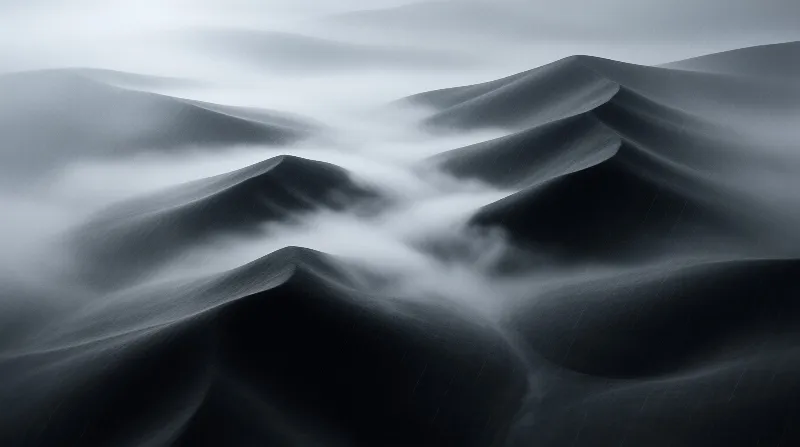Dark sand dunes rise through low fog creating a high contrast grayscale landscape with smooth textures.