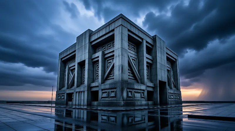Weathered stone structure with meander carvings sits on rain-slicked plaza, blue storm clouds framing warm orange dusk horizon.