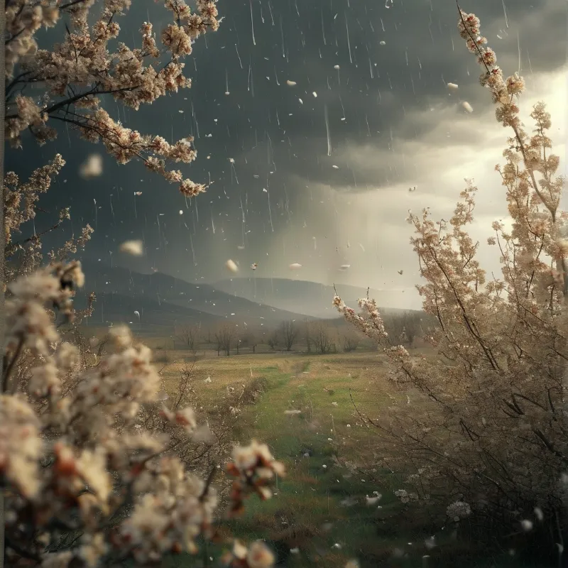 Framed by white blossoms, a rain-swept field stretches toward distant mountains under dramatic clouds.