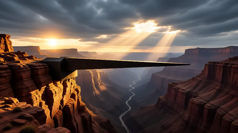 A massive black cantilevered structure projects horizontally from the edge of a rugged red rock canyon while golden sunbeams break through heavy clouds to illuminate the distant mesas and a winding river in the deep gorge below.
