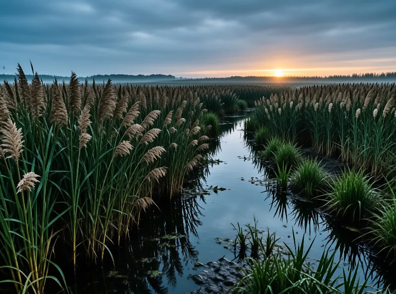 Tall brown reeds border a still narrow waterway winding through a misty wetland under a soft orange rising sun.