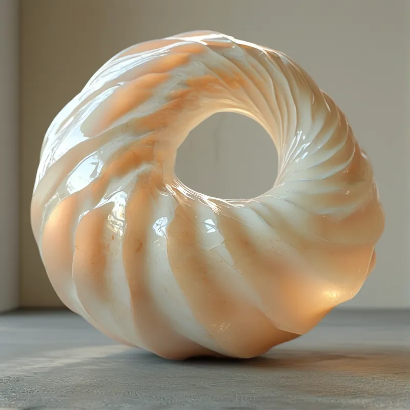 A glossy torus-shaped sculpture with creamy white and peach swirls rests on a wooden surface under soft lighting.