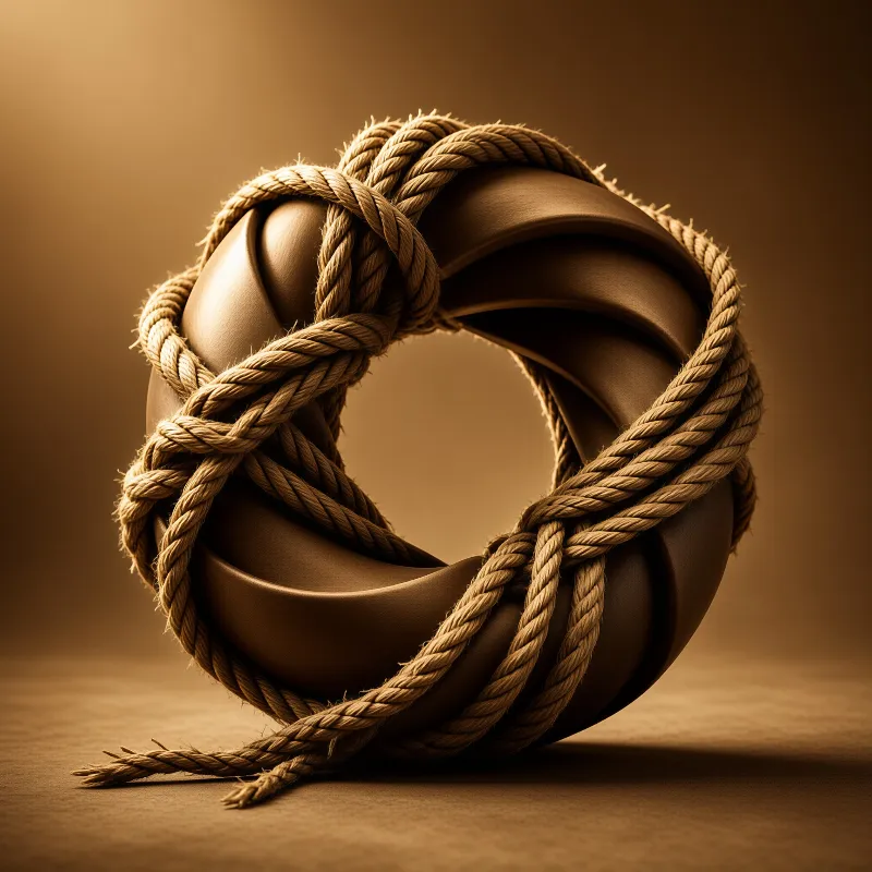 A smooth brown torus sits on a flat surface while thick natural rope wraps around its curved structure under warm lighting.