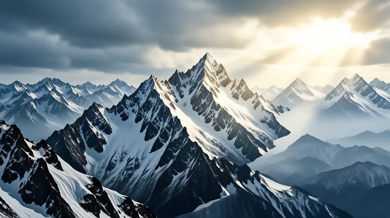Jagged snow-streaked summits catch shafts of warm light as heavy clouds drift over a high alpine range.