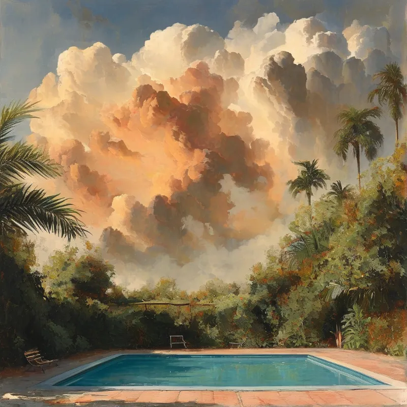 Tropical Pool Sunset Scene