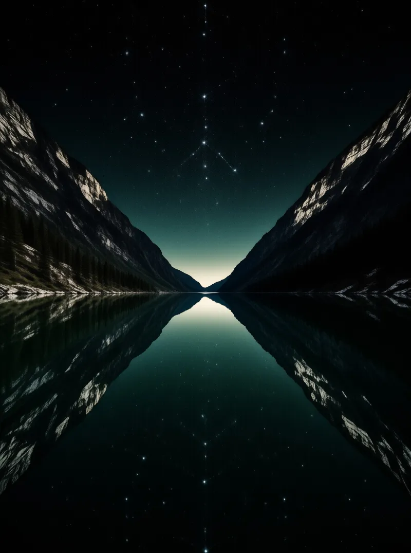 Jagged mountain peaks silhouette against a starry night sky reflecting perfectly in the calm water below.