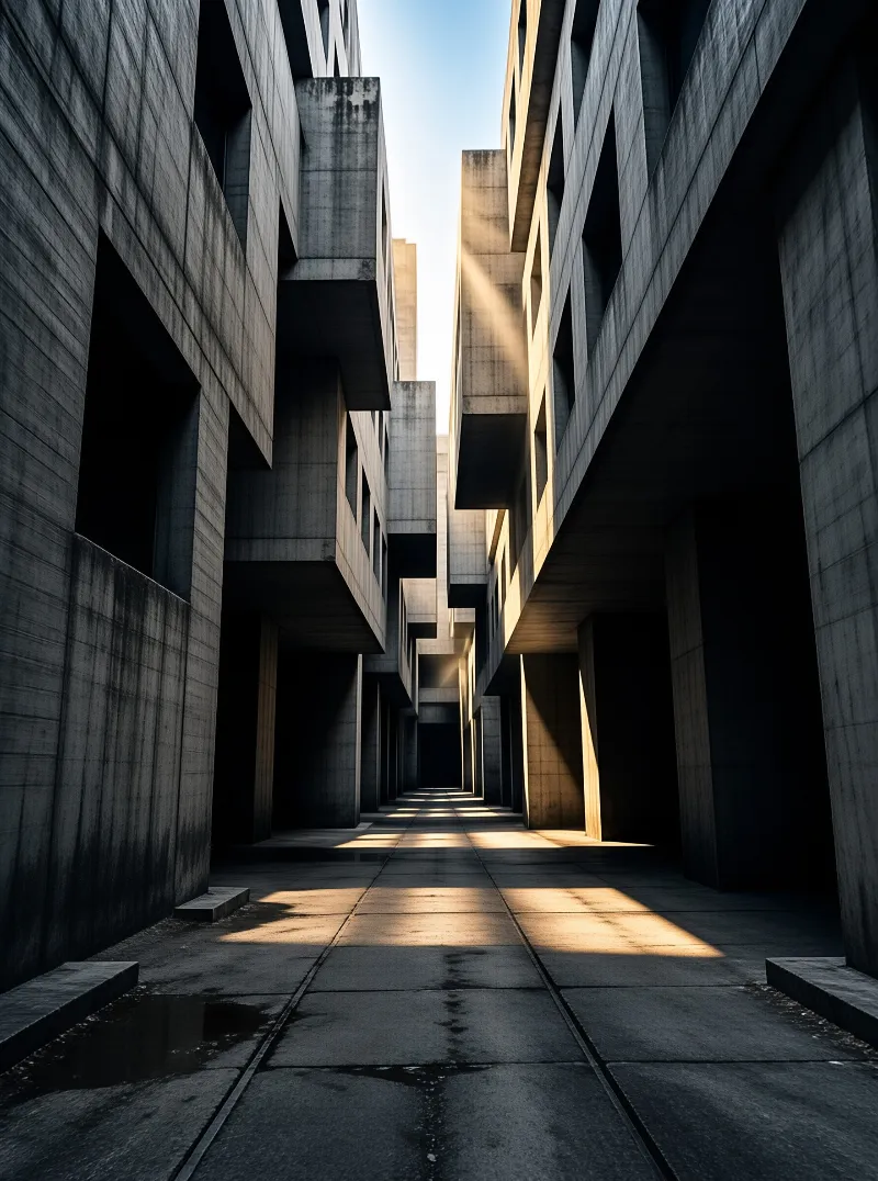 A narrow corridor between brutalist concrete buildings where angled sunlight creates dramatic shadow patterns on stone pavement