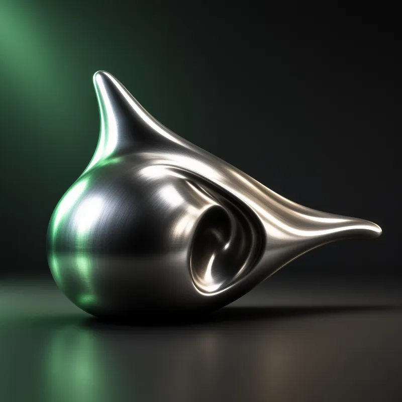 A silver teardrop sculpture rests on a dark surface with a central hollow and bright green lighting on the left side