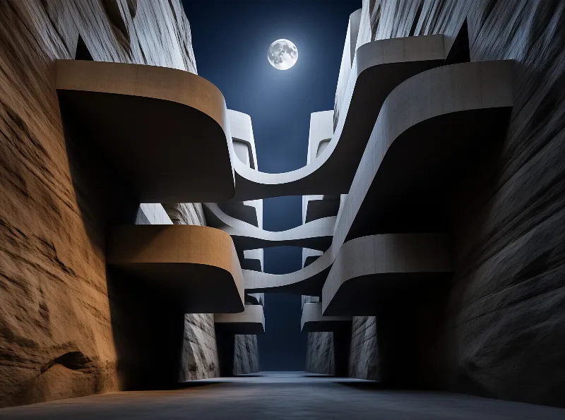 Sweeping curved concrete structures arch over a dark canyon floor beneath a bright full moon in a deep blue night sky