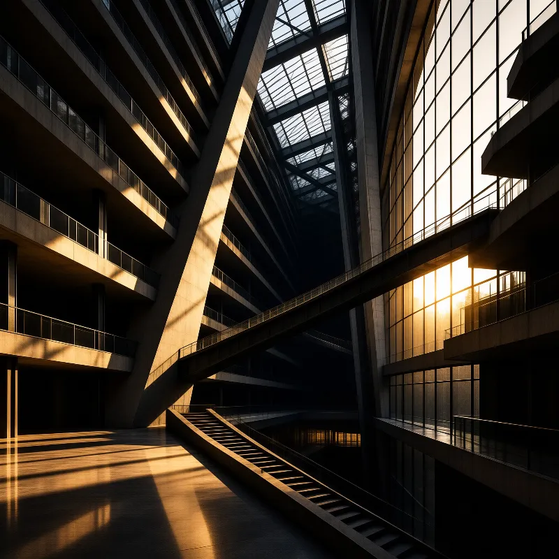 Sunlight streams through a tall glass facade into a modern atrium with staircases, walkways and a large angled column.