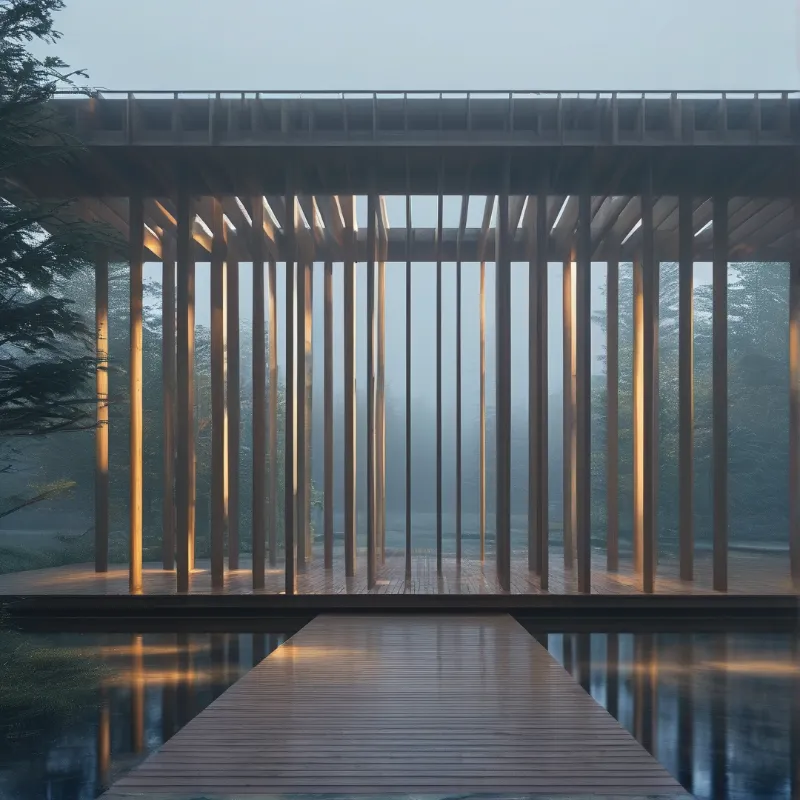 A wooden pavilion with vertical pillars stands over water reflecting warm sunlight against a background of foggy trees.