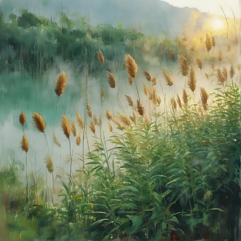 Tall brown grasses rise above green foliage in a wetland where soft golden sunlight filters through heavy fog.