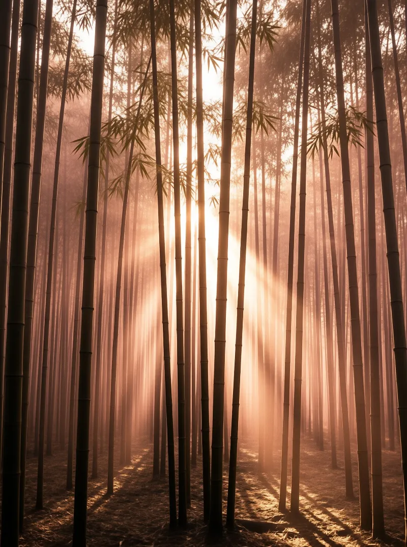 Tall green bamboo stalks stand vertically in a dense forest while golden sunlight filters through the heavy mist.