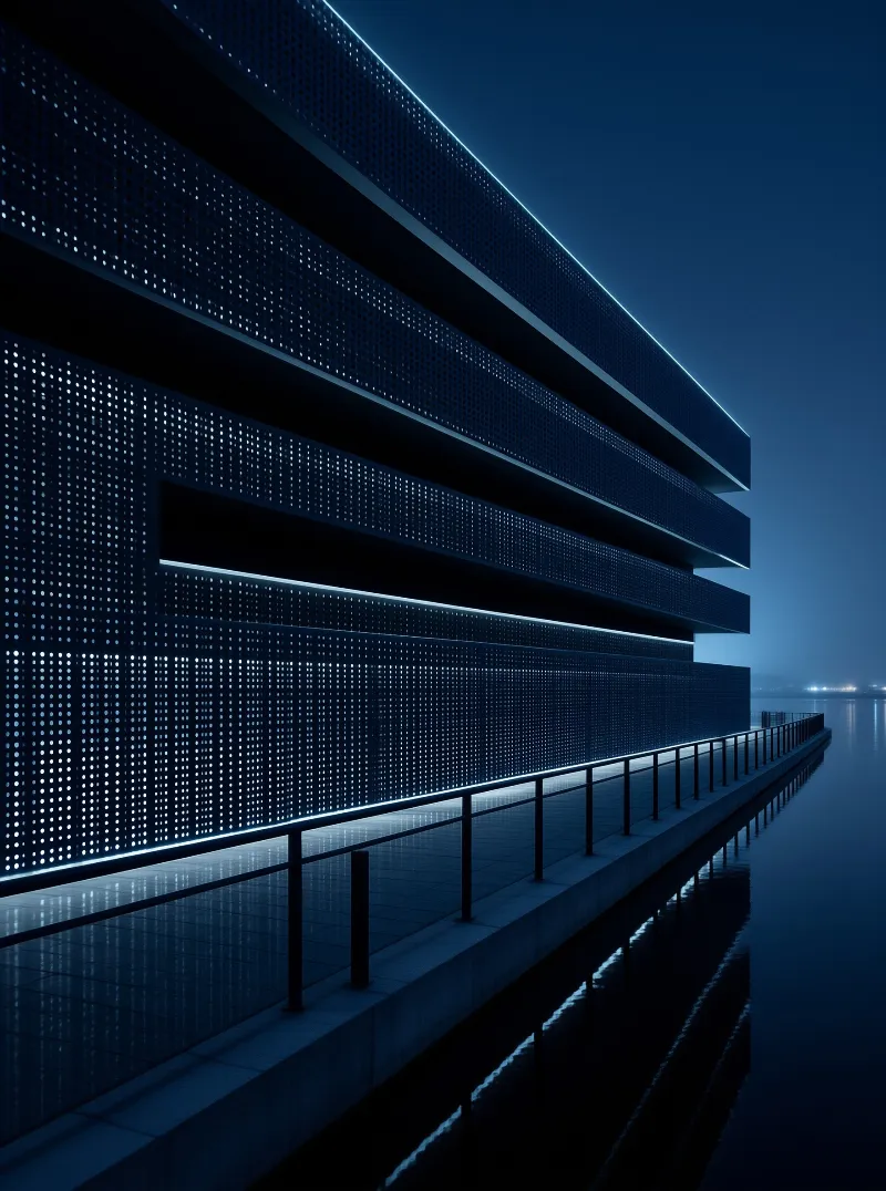 A blue lit building facade with a grid of small lights stands over dark water reflecting its glowing lines and a railing.