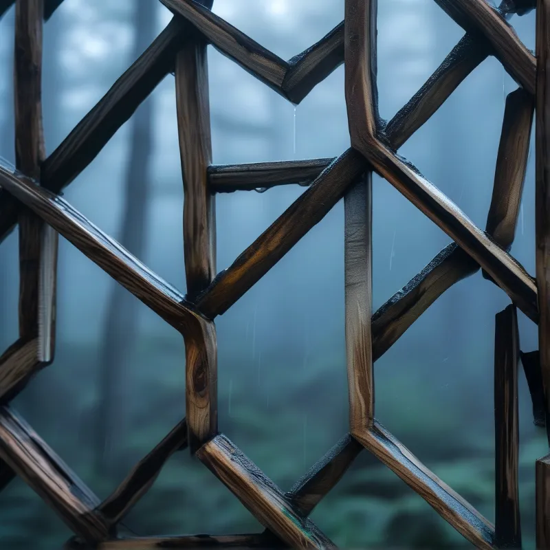 Close-up of interlocking dark wood with water droplets, set against a blurry blue forest background in the rain.