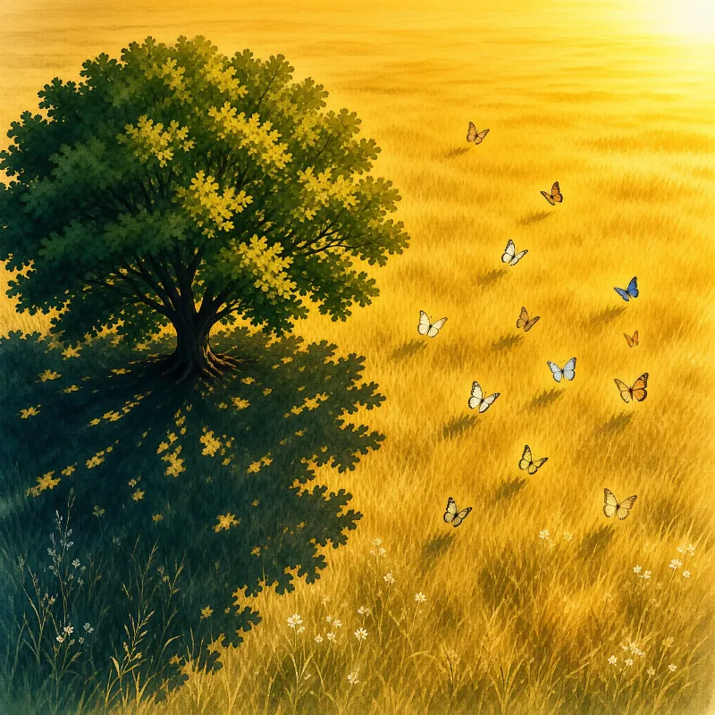 A large leafy tree anchors the left side while numerous butterflies ascend through a sunlit field of tall yellow grass.