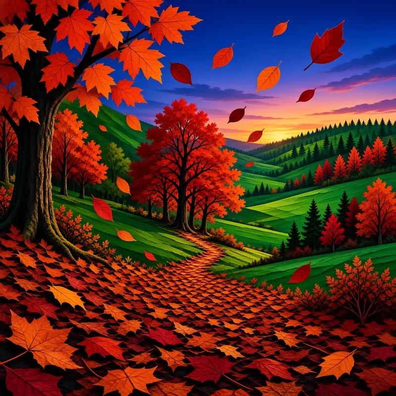 Orange maple leaves float over red trees and green hills beneath a gradient sunset sky with distant forests.