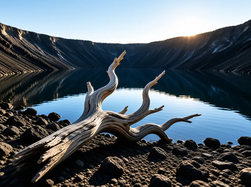 Weathered driftwood sits on a rocky shore facing a calm crater lake surrounded by dark slopes during sunset.