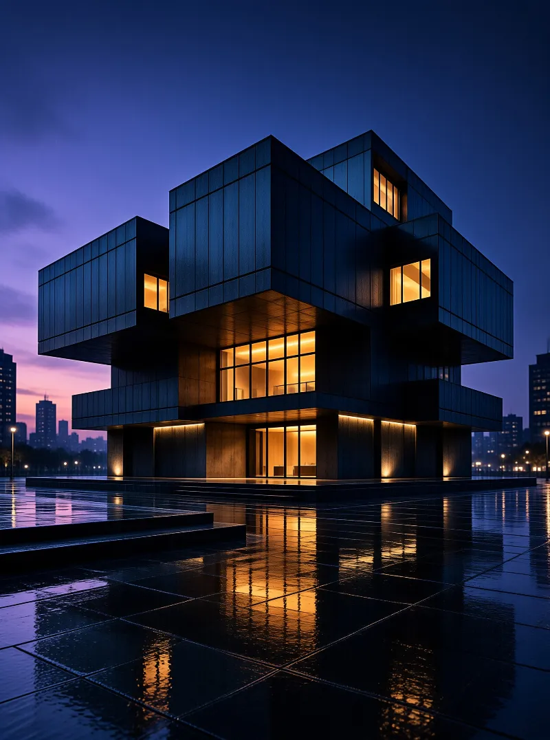 A stacked cube shaped modern building with warm lit windows reflects on a wet plaza at twilight.