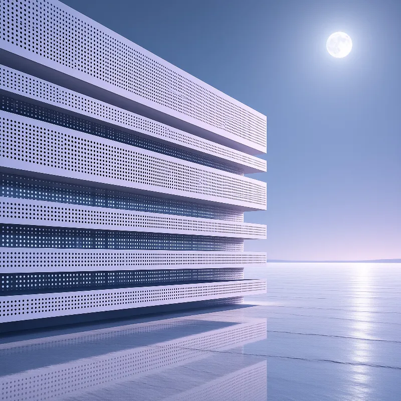 Stacked bands of dotted white panels angle across a mirror flat shore beneath a pale moon and lavender sky.