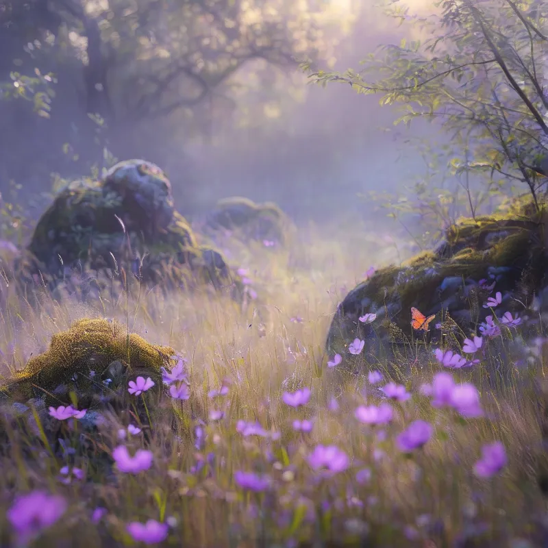Orange butterfly hovers above purple wildflowers among mossy rocks in foggy woodland with soft sunlight filtering trees.