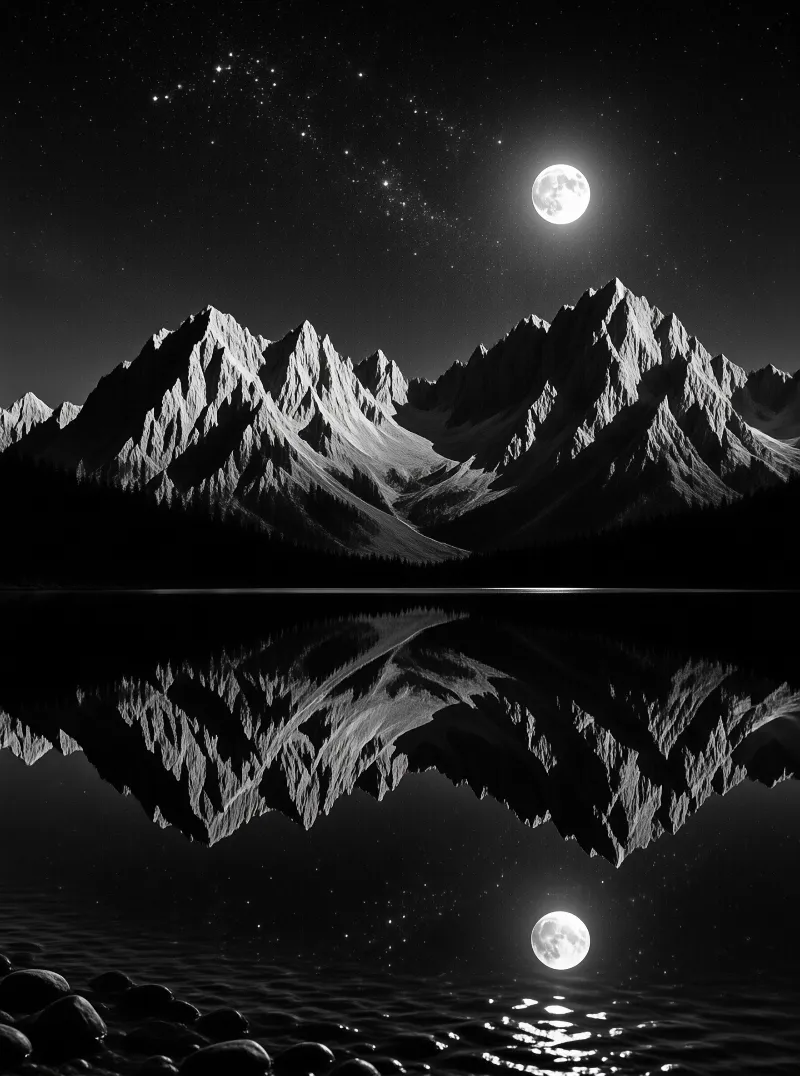 Sharp snow-covered mountains stand beneath a bright full moon, mirrored in the calm dark lake water below.