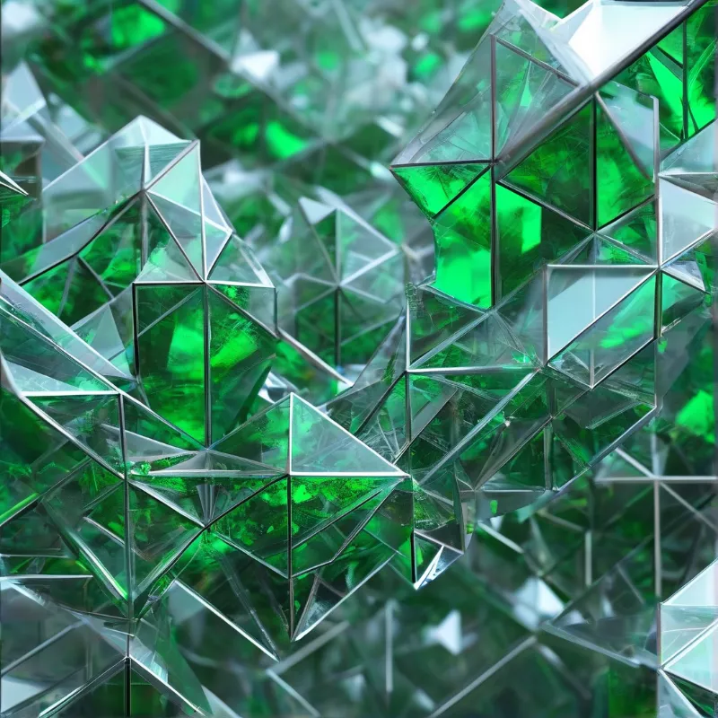 Transparent geometric crystals cluster tightly while reflecting vibrant emerald light through silver frames.