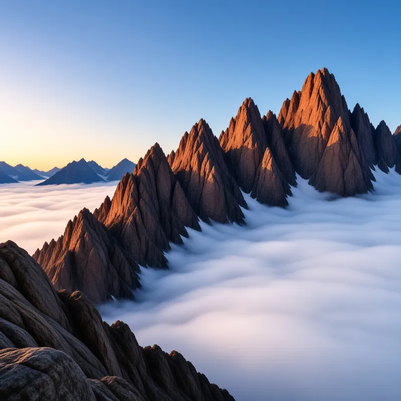 Sharp rocky mountains stand tall above a thick layer of white clouds illuminated by warm sunrise light.
