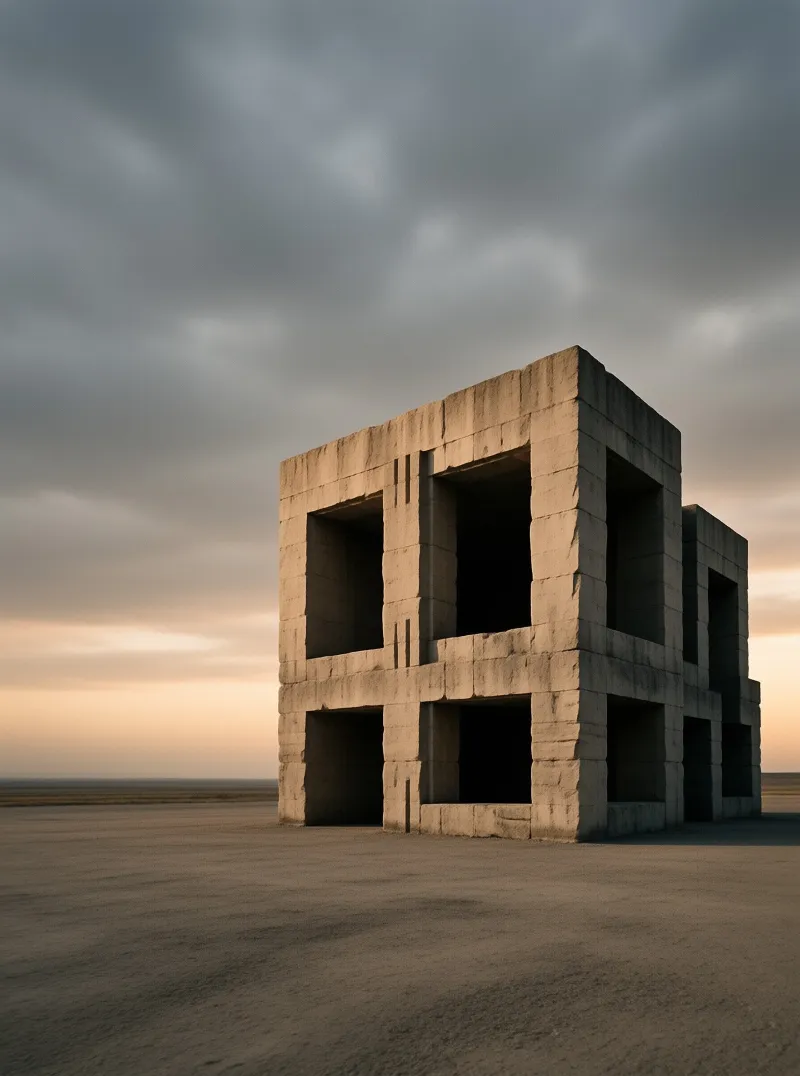 A concrete cube with rectangular openings stands alone on a flat desert landscape under a cloudy sky with warm light.