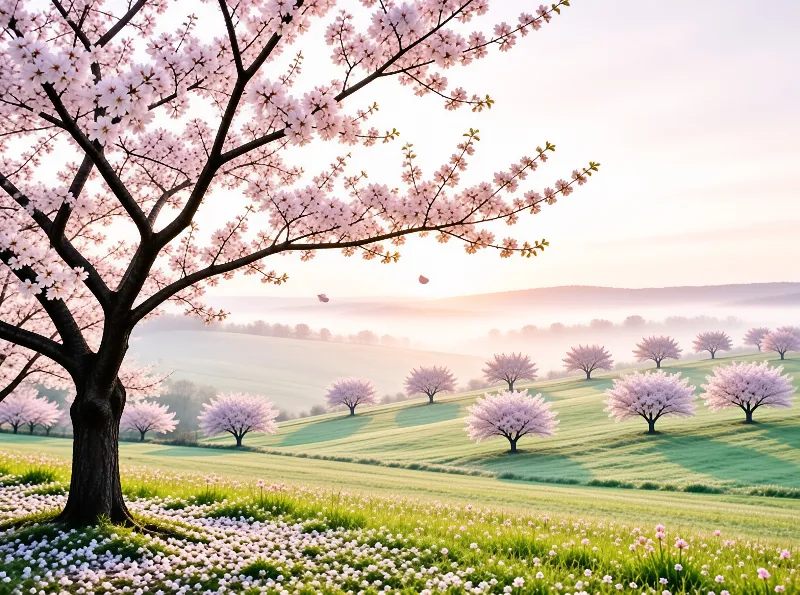 A large pink blossom tree frames rolling green meadows dotted with smaller flowering trees under a pale misty sunrise.