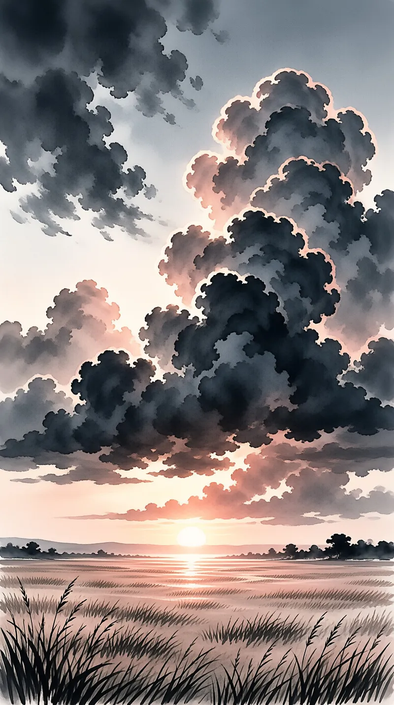 A tranquil sunset glows over a still lake framed by towering dark clouds and foreground grasses reflecting warm light