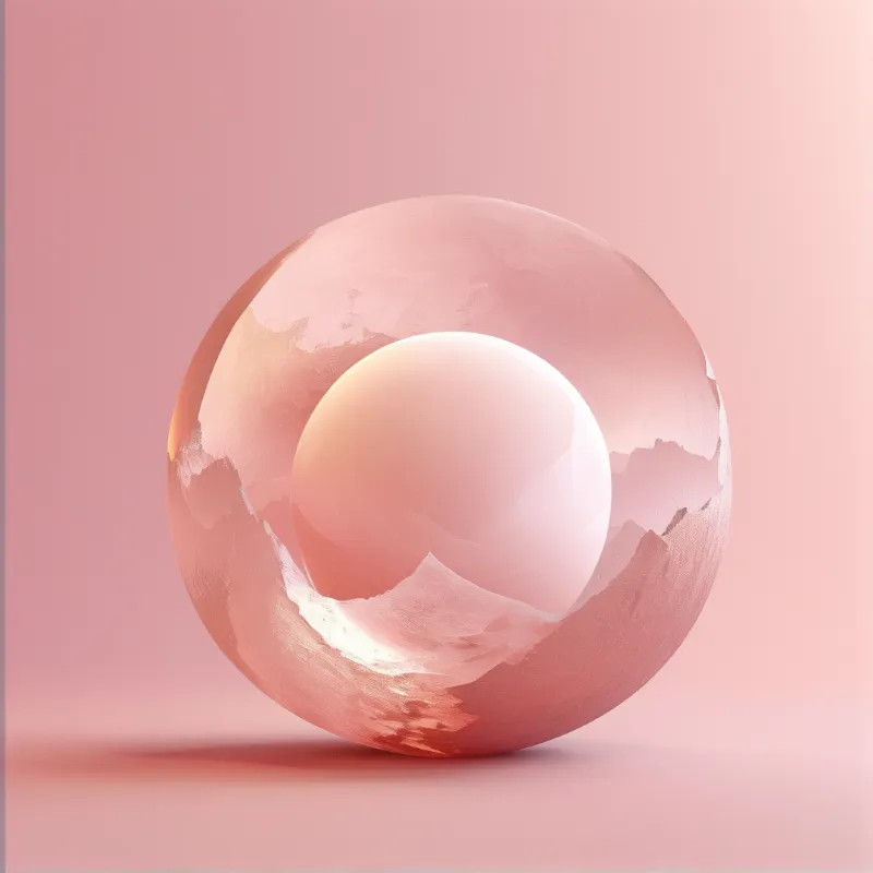 A cracked translucent rose globe encloses a smooth white ball on a soft pink gradient background.