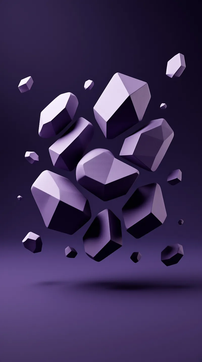 Geometric purple shards hover suspended in a dark violet void with soft lighting defining their faceted surfaces.