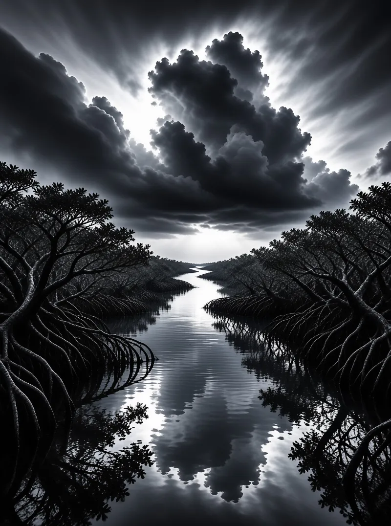 A black and white perspective reveals a calm water channel flanked by mangrove silhouettes under heavy clouds.