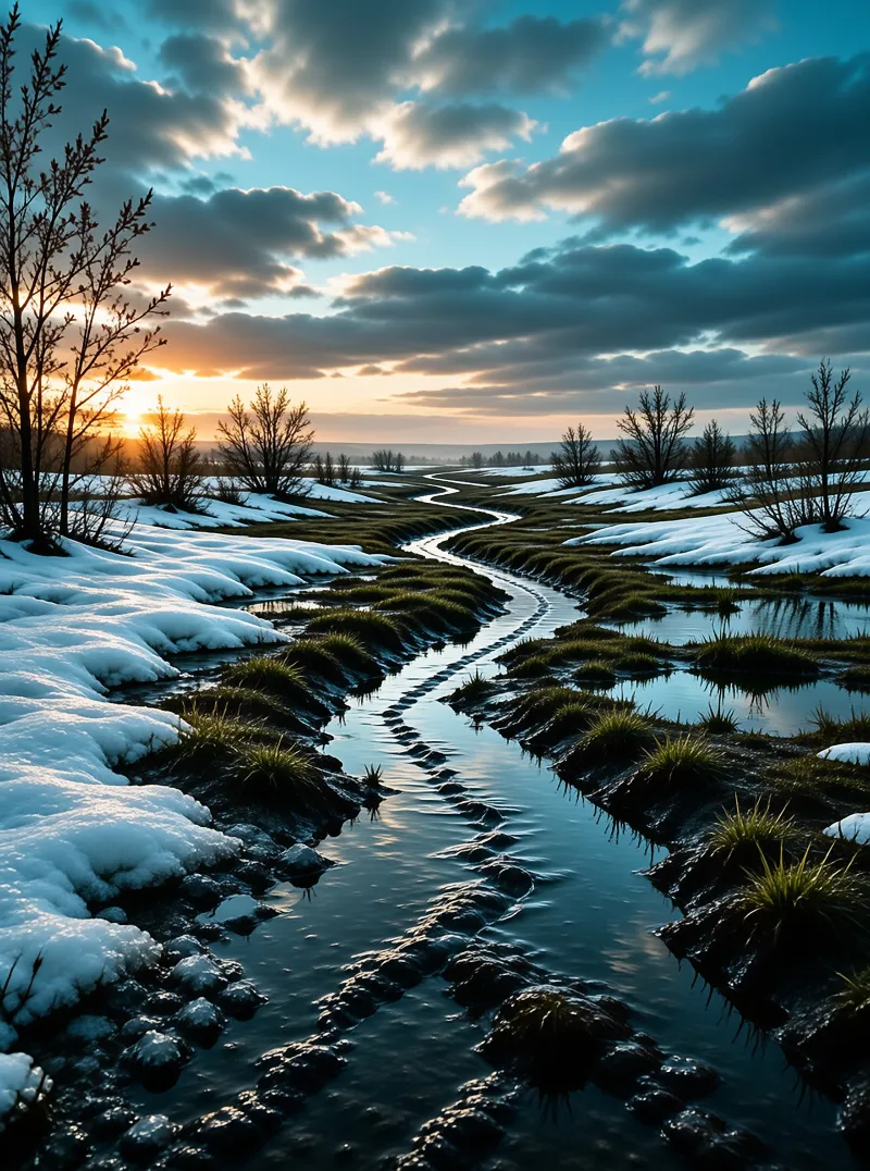 Winter Stream at Sunset