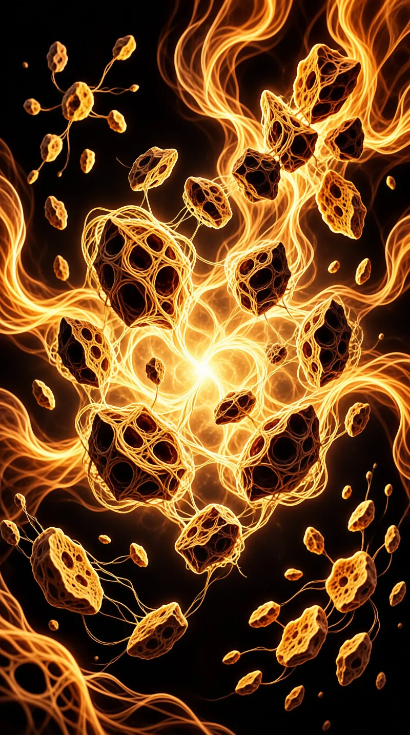 Irregular porous forms suspended within swirling streams of bright orange energy and dark space.
