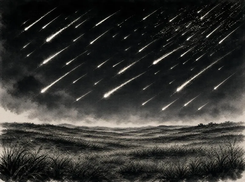 A night scene of a meteor shower with glowing trails across a dark sky over a flat grassy landscape