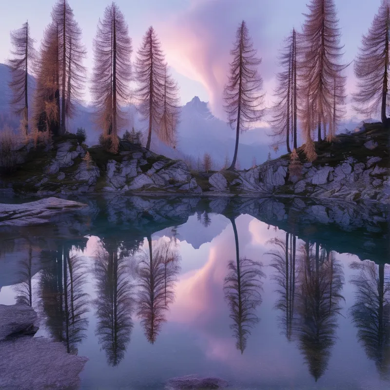 Slender coniferous trees stand on rocky banks above a still lake that mirrors their reflection under a soft pastel sky.