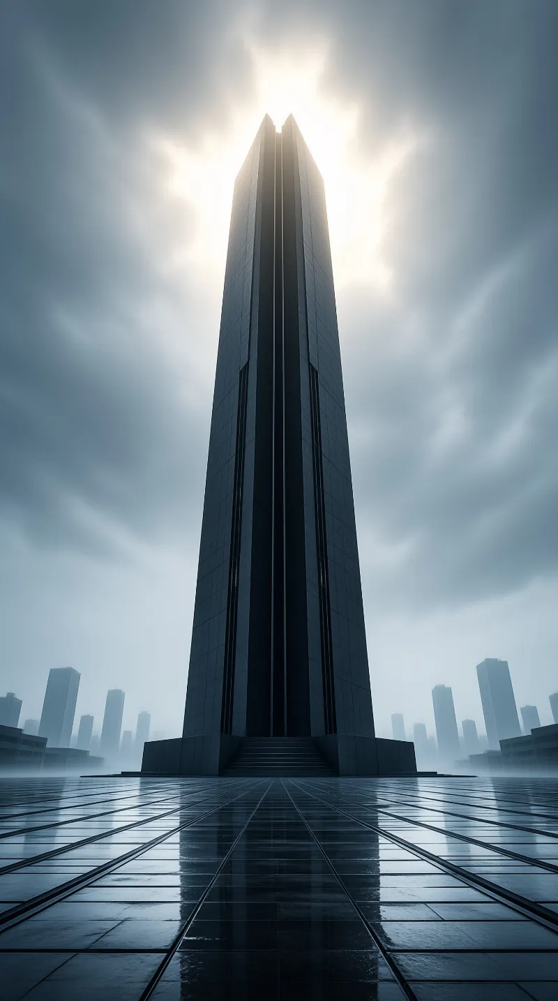 A dark tapering monolith rises from a reflective tiled plaza while sunlight bursts through swirling gray clouds.