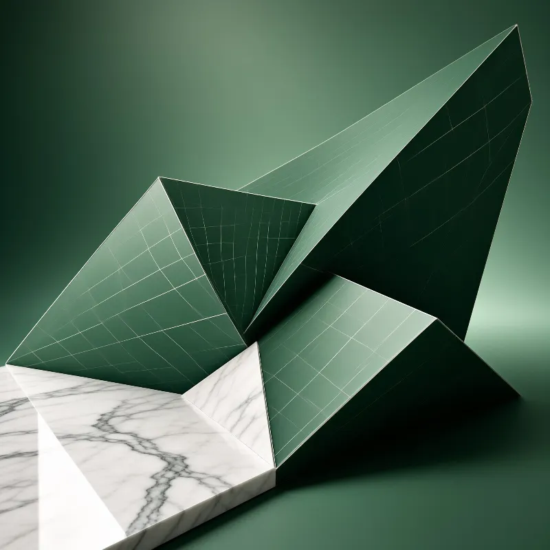 Sharp green geometric planes with white grid lines rise from a polished marble slab against a soft green backdrop.