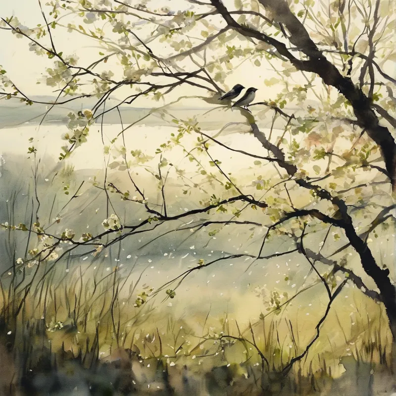 Two small birds sit on a dark branch amidst white flowers while misty grasses fill the background below.
