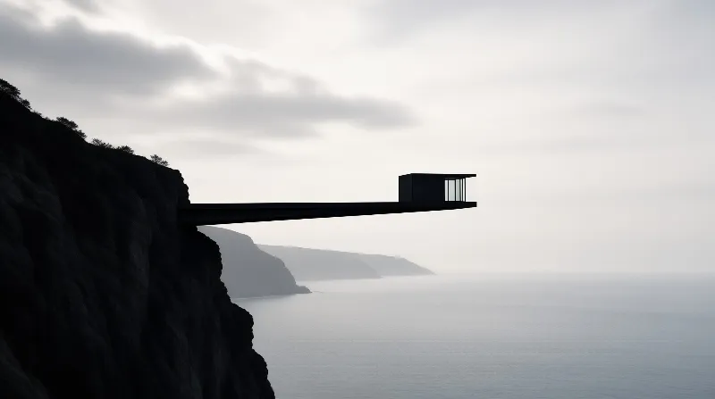 A dark rectangular glass pavilion extends from a sheer cliff over calm hazy sea beneath a pale sky.