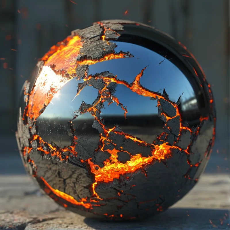 A blackened sphere splits along glowing seams of molten orange light while sky reflections shimmer across its surface