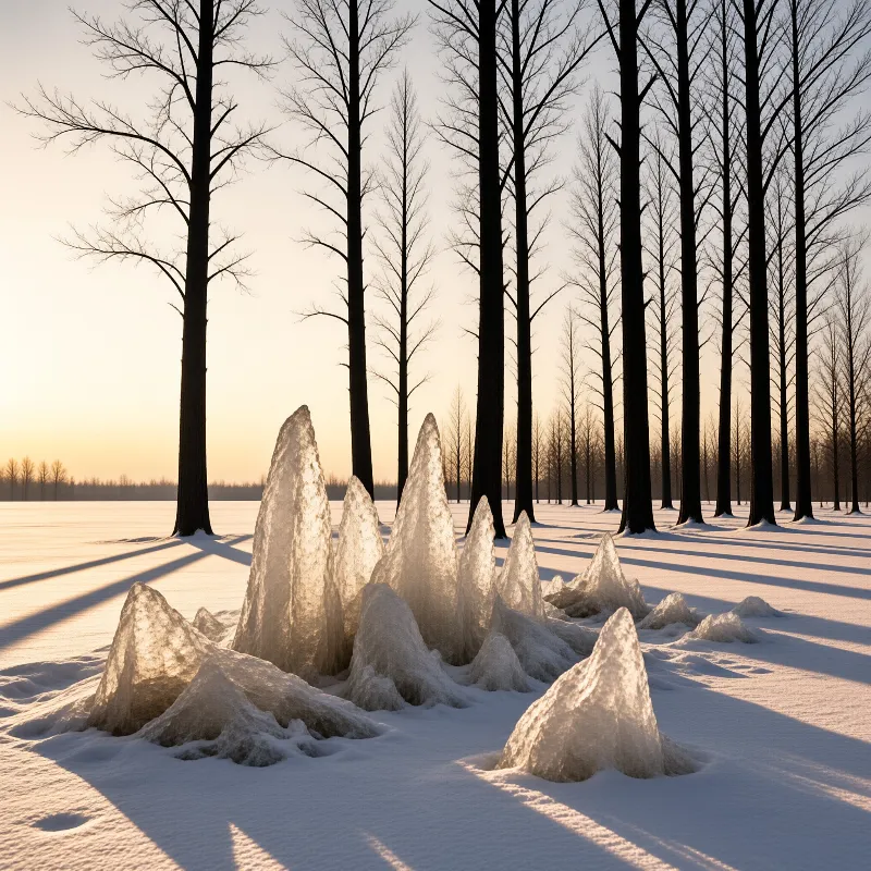 Cluster of sharp frozen structures sits amidst snow and leafless trees under warm low light.