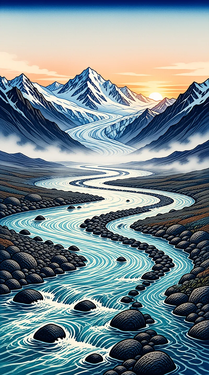 A blue winding river flows through a rocky valley towards snow-capped mountains under an orange sunset sky.
