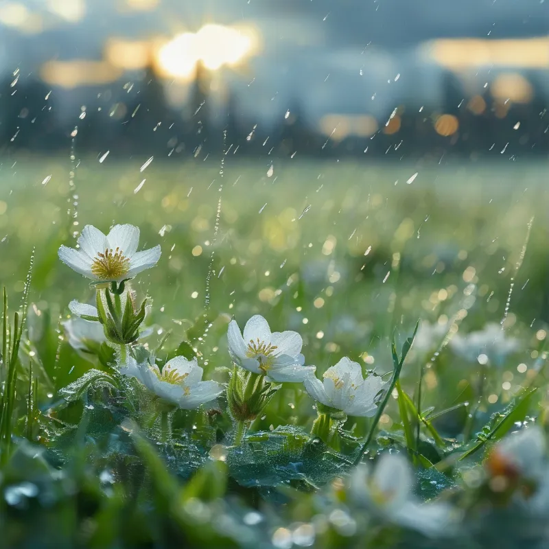 White Flowers in Dewy Field